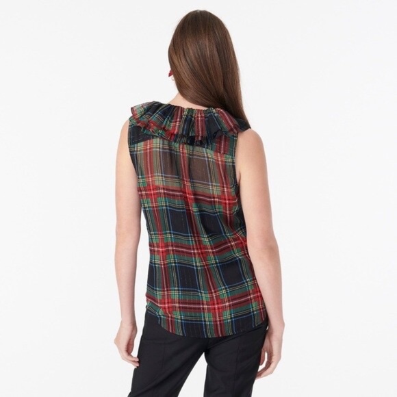 J. CREW Red Black Metallic Stewart Tartan Plaid Sleeveless Holiday Blouse Small - Picture 2 of 6